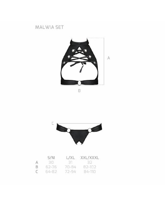Комплект: відкритий топ та трусики з екошкіри з люверсами Malwia Set with Open Bra black L/XL — Pass Комплект: відкритий топ та трусики з екошкіри з люверсами Malwia Set with Open Bra black L/XL — Pass