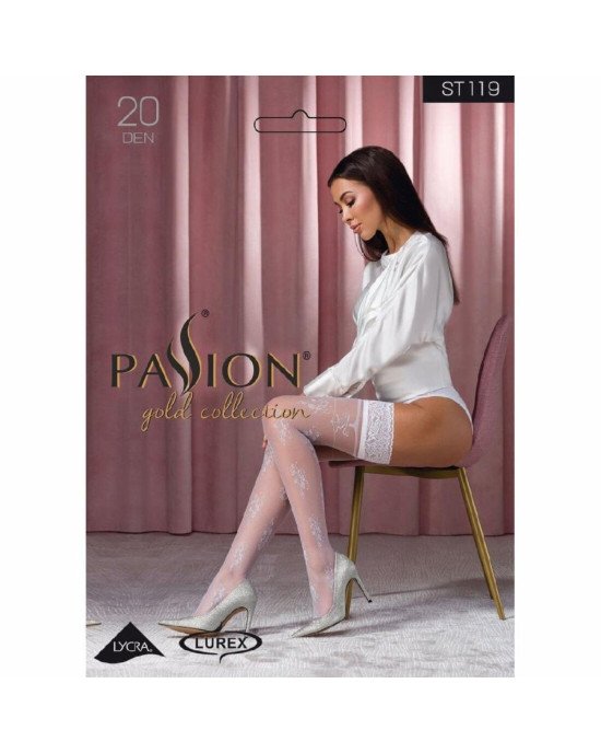 Панчохи Passion ST119 5 білі, на ажурній силіконовій резинці, з квітковим декором та люрексовою нитк Панчохи Passion ST119 5 білі, на ажурній силіконовій резинці, з квітковим декором та люрексовою нитк