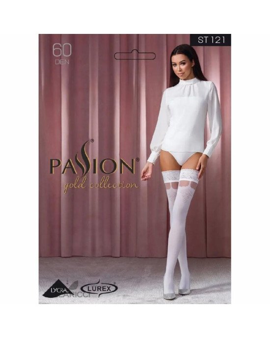 Панчохи Passion ST121 3/4 білі, на ажурній силіконовій резинці, з квітковим орнаментом та вертикальн Панчохи Passion ST121 3/4 білі, на ажурній силіконовій резинці, з квітковим орнаментом та вертикальн