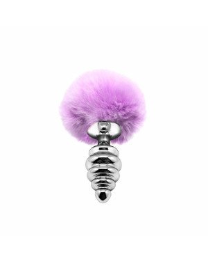 Металева анальна пробка Кролячий хвостик Alive Fluffy Twist Plug M Purple, діаметр 3,4 см