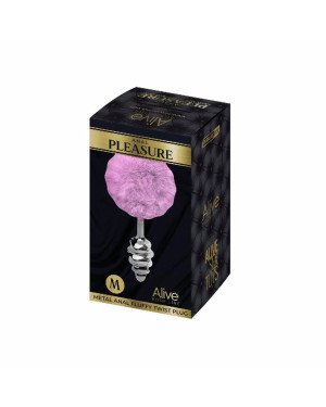 Металева анальна пробка Кролячий хвостик Alive Fluffy Twist Plug M Purple, діаметр 3,4 см
