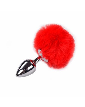Металева анальна пробка Кролячий хвостик Alive Fluffy Plug M Red, діаметр 3,4 см