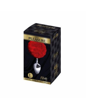 Металева анальна пробка Кролячий хвостик Alive Fluffy Plug L Red, діаметр 3,9 см