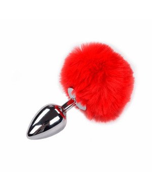 Металева анальна пробка Кролячий хвостик Alive Fluffy Plug L Red, діаметр 3,9 см