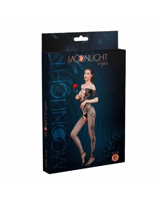 Бодістокінг з доступом Moonlight Model 10 Black, імітація шнурівки, квітковий декор, відкриті плечі Бодістокінг з доступом Moonlight Model 10 Black, імітація шнурівки, квітковий декор, відкриті плечі