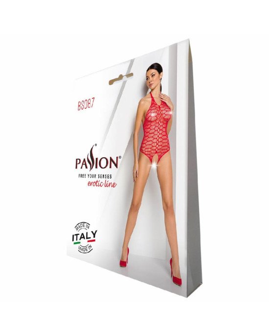 Бодістокінг у велику сітку Passion BS087 red, відкрита спина, халтер, з доступом Бодістокінг у велику сітку Passion BS087 red, відкрита спина, халтер, з доступом