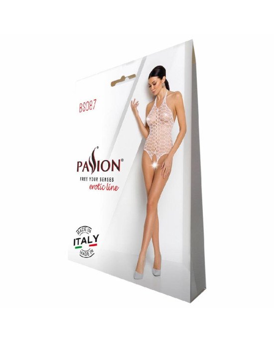 Бодістокінг у велику сітку Passion BS087 white, відкрита спина, халтер, з доступом Бодістокінг у велику сітку Passion BS087 white, відкрита спина, халтер, з доступом