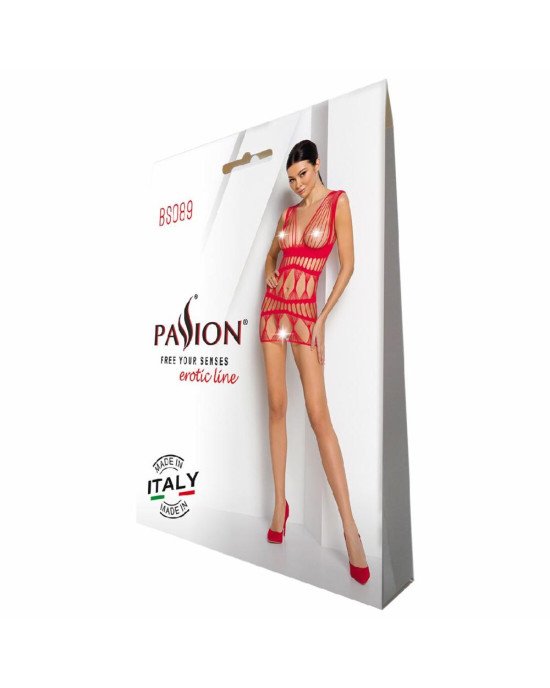 Бодістокінг-сукня Passion BS089 red, міні, плетіння у вигляді павутини Бодістокінг-сукня Passion BS089 red, міні, плетіння у вигляді павутини