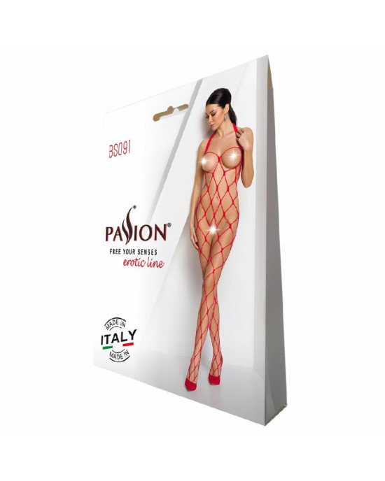 Бодістокінг у дуже велику сітку Passion BS091 red, з доступом Бодістокінг у дуже велику сітку Passion BS091 red, з доступом