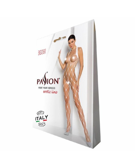 Бодістокінг у дуже велику сітку Passion BS091 white, з доступом Бодістокінг у дуже велику сітку Passion BS091 white, з доступом