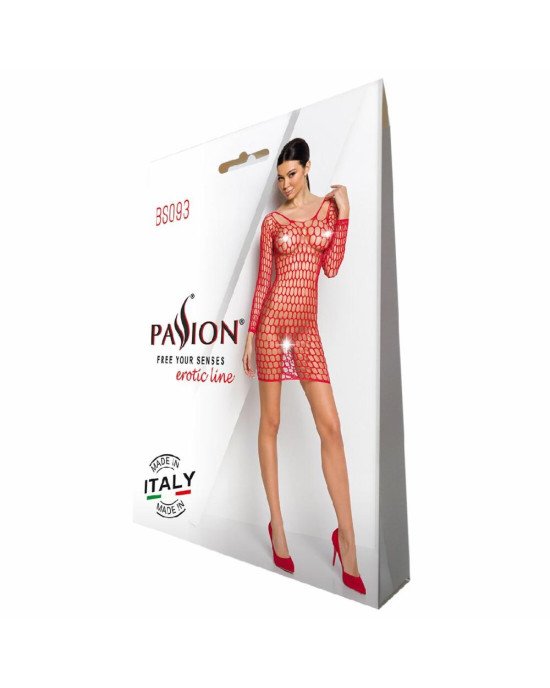 Бодістокінг-сукня з глибоким коміром Passion BS093 red, довгі рукави Бодістокінг-сукня з глибоким коміром Passion BS093 red, довгі рукави