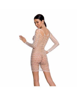 Бодістокінг-сукня з глибоким коміром Passion BS093 white, довгі рукави Бодістокінг-сукня з глибоким коміром Passion BS093 white, довгі рукави