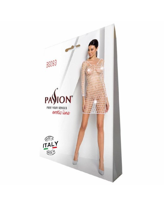 Бодістокінг-сукня з глибоким коміром Passion BS093 white, довгі рукави Бодістокінг-сукня з глибоким коміром Passion BS093 white, довгі рукави