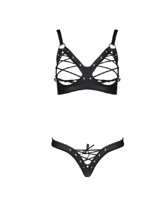 Комплект з екошкіри Celine Bikini black L/XL — Passion: відкритий бра зі стрічками, стрінги зі шнурі Комплект з екошкіри Celine Bikini black L/XL — Passion: відкритий бра зі стрічками, стрінги зі шнурі
