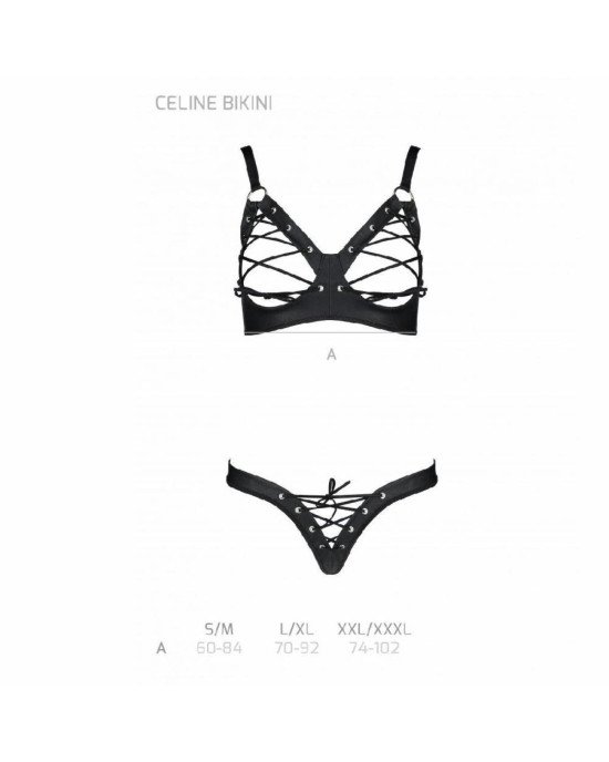 Комплект з екошкіри Celine Bikini black L/XL — Passion: відкритий бра зі стрічками, стрінги зі шнурі Комплект з екошкіри Celine Bikini black L/XL — Passion: відкритий бра зі стрічками, стрінги зі шнурі
