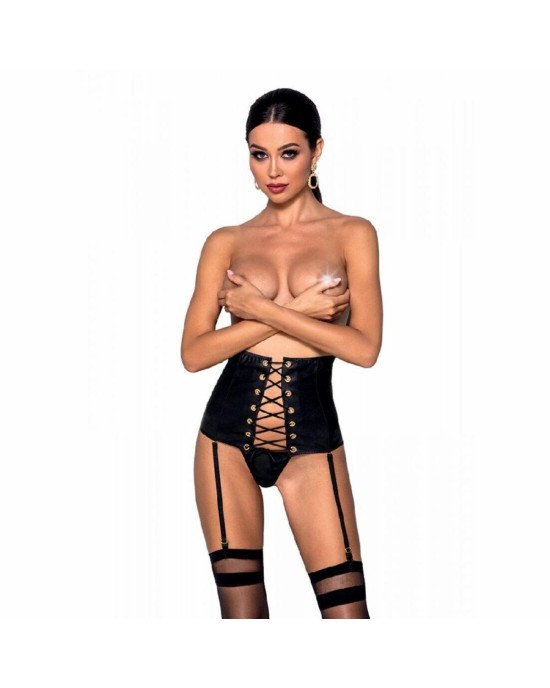 Пояс-корсет з екошкіри Celine Set black L/XL — Passion: шнурівка, знімні пажі для панчіх, стрінги Пояс-корсет з екошкіри Celine Set black L/XL — Passion: шнурівка, знімні пажі для панчіх, стрінги