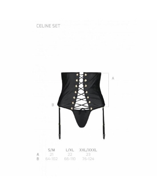 Пояс-корсет з екошкіри Celine Set black L/XL — Passion: шнурівка, знімні пажі для панчіх, стрінги Пояс-корсет з екошкіри Celine Set black L/XL — Passion: шнурівка, знімні пажі для панчіх, стрінги