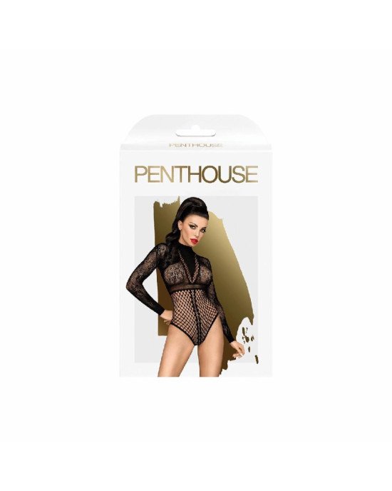 Боді Penthouse Spicy Whisper XL Black, імітація топу з довгими рукавами, закрите декольте Боді Penthouse Spicy Whisper XL Black, імітація топу з довгими рукавами, закрите декольте