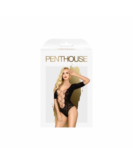 Боді Penthouse Salute Me S/L Black, імітація шнурівки на спині та декольте, геометричне плетіння Боді Penthouse Salute Me S/L Black, імітація шнурівки на спині та декольте, геометричне плетіння