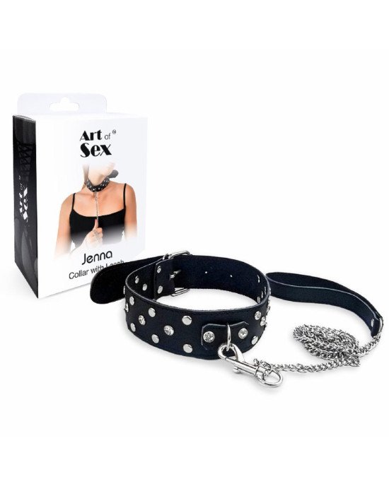 Нашийник з повідцем із натуральної шкіри із заклепками Art of Sex - Jenna Collar with Leash, чорний Нашийник з повідцем із натуральної шкіри із заклепками Art of Sex - Jenna Collar with Leash, чорний