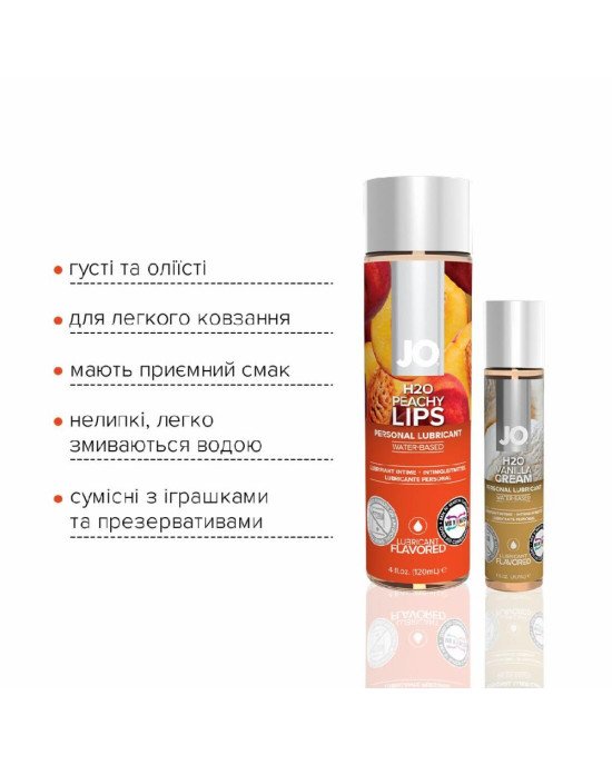 Комплект смакових лубрикантів System JO GWP — Peaches & Cream — Peachy Lips 120 мл & H2O Vanilla 30 Комплект смакових лубрикантів System JO GWP — Peaches & Cream — Peachy Lips 120 мл & H2O Vanilla 30