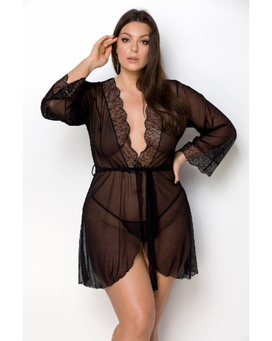 Пеньюар Passion Amberly Peignoir 4XL/5XL black, ажурні декольте та манжети, широкі рукави Пеньюар Passion Amberly Peignoir 4XL/5XL black, ажурні декольте та манжети, широкі рукави