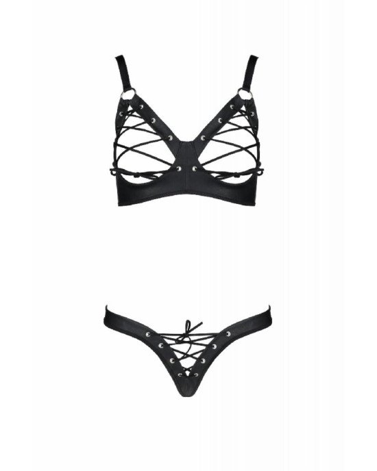 Комплект з екошкіри Passion Celine Bikini 4XL/5XL black, відкритий бра, стрінги зі шнурівкою