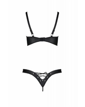 Комплект з екошкіри Passion Celine Bikini 4XL/5XL black, відкритий бра, стрінги зі шнурівкою