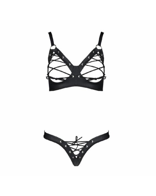Комплект з екошкіри Passion Celine Bikini 4XL/5XL black, відкритий бра, стрінги зі шнурівкою