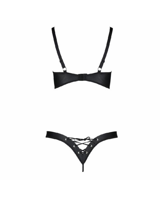 Комплект з екошкіри Passion Celine Bikini 6XL/7XL black, відкритий бра, стрінги зі шнурівкою
