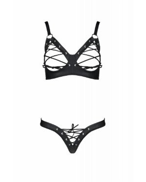 Комплект з екошкіри Passion Celine Bikini 6XL/7XL black, відкритий бра, стрінги зі шнурівкою