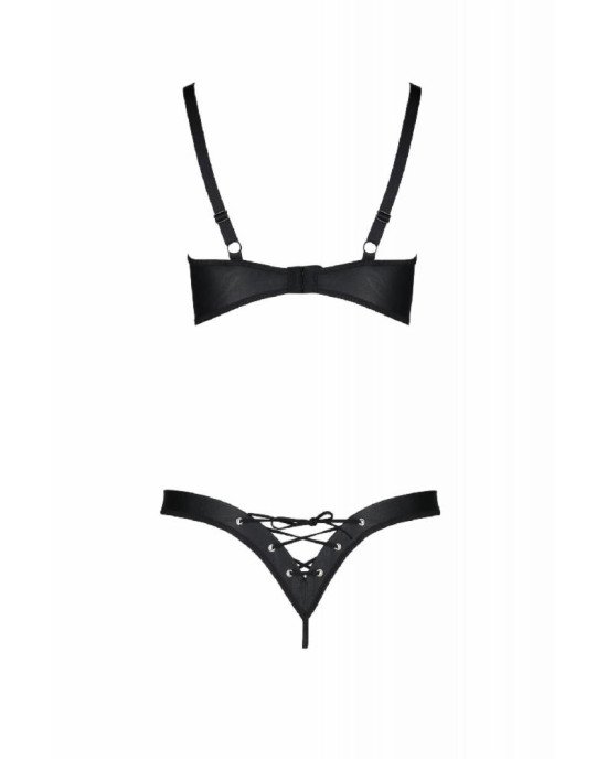 Комплект з екошкіри Passion Celine Bikini 6XL/7XL black, відкритий бра, стрінги зі шнурівкою