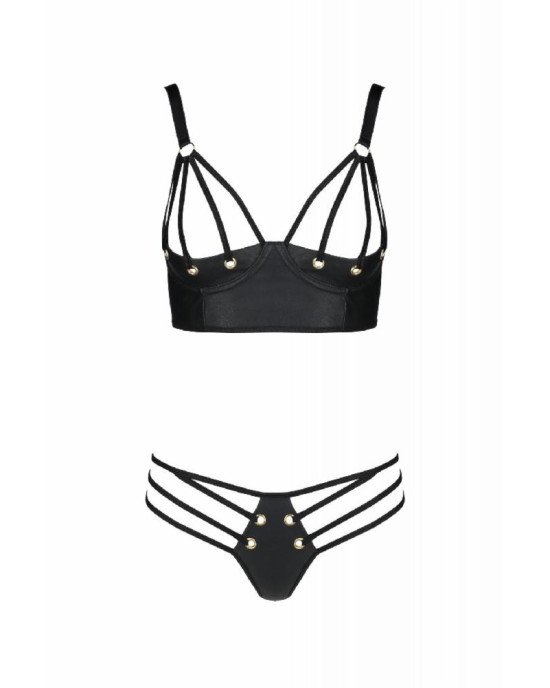 Комплект з екошкіри Passion Malwia Bikini 4XL/5XL black, з люверсами та ремінцями, бра, трусики Комплект з екошкіри Passion Malwia Bikini 4XL/5XL black, з люверсами та ремінцями, бра, трусики