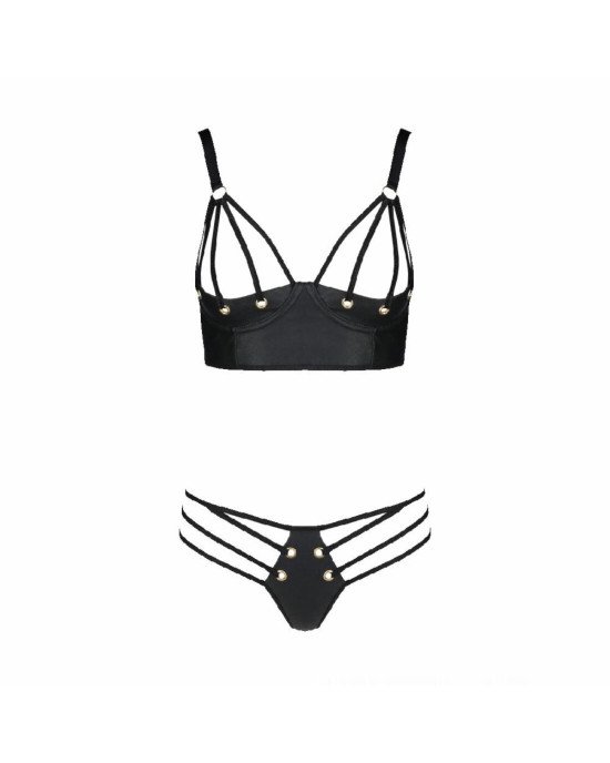 Комплект з екошкіри Passion Malwia Bikini 6XL/7XL black, з люверсами та ремінцями, бра, трусики Комплект з екошкіри Passion Malwia Bikini 6XL/7XL black, з люверсами та ремінцями, бра, трусики