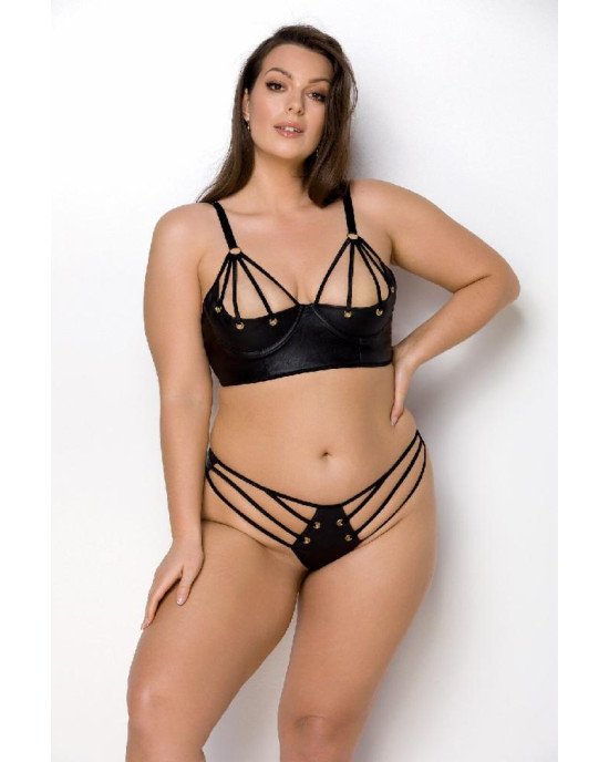 Комплект з екошкіри Passion Malwia Bikini 6XL/7XL black, з люверсами та ремінцями, бра, трусики Комплект з екошкіри Passion Malwia Bikini 6XL/7XL black, з люверсами та ремінцями, бра, трусики