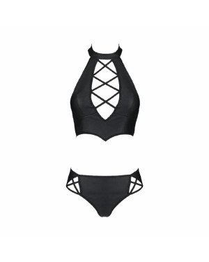 Комплект з екошкіри Passion Nancy Bikini 4XL/5XL black, бра та трусики з імітацією шнурівки