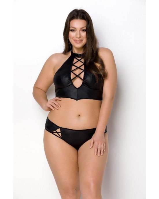 Комплект з екошкіри Passion Nancy Bikini 4XL/5XL black, бра та трусики з імітацією шнурівки Комплект з екошкіри Passion Nancy Bikini 4XL/5XL black, бра та трусики з імітацією шнурівки
