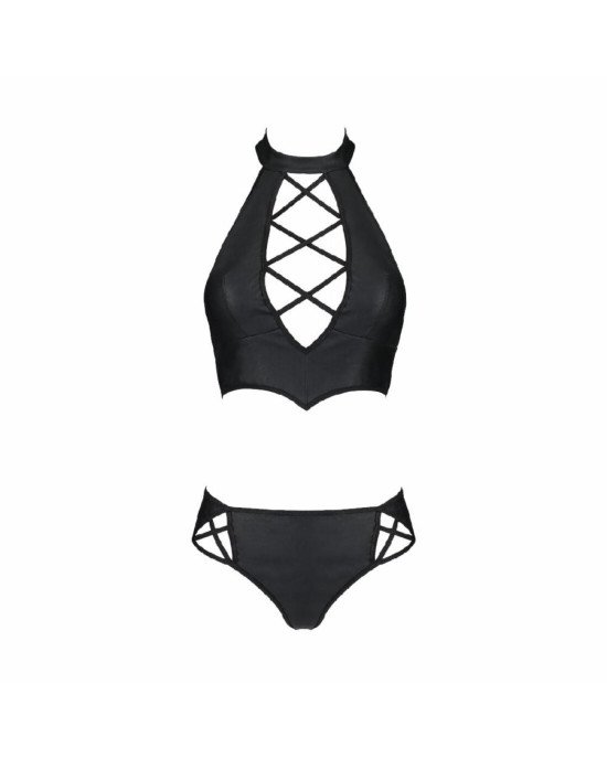 Комплект з екошкіри Passion Nancy Bikini 6XL/7XL black, бра та трусики з імітацією шнурівки Комплект з екошкіри Passion Nancy Bikini 6XL/7XL black, бра та трусики з імітацією шнурівки