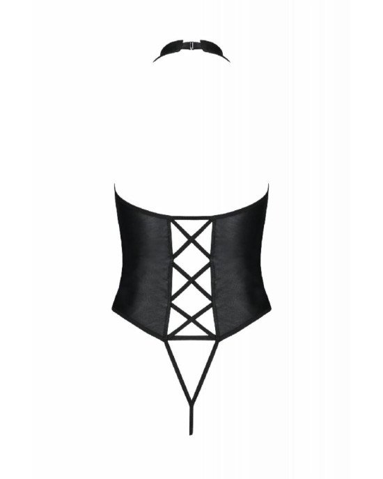 Боді з екошкіри Passion Nancy Body 6XL/7XL black, з імітацією шнурівки та відкритим доступом