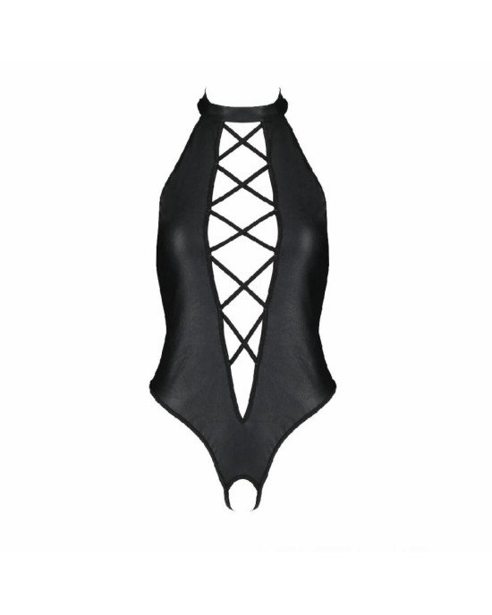 Боді з екошкіри Passion Nancy Body 6XL/7XL black, з імітацією шнурівки та відкритим доступом