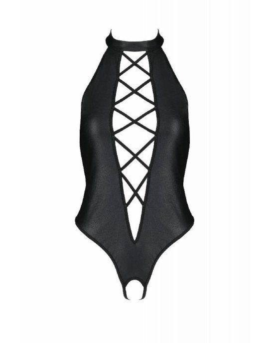 Боді з екошкіри Passion Nancy Body 6XL/7XL black, з імітацією шнурівки та відкритим доступом