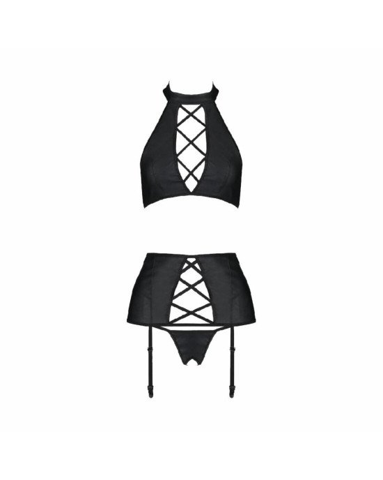 Комплект з екошкіри Passion Nancy Set 4XL/5XL black, імітація шнурівки, топ, пояс для панчіх Комплект з екошкіри Passion Nancy Set 4XL/5XL black, імітація шнурівки, топ, пояс для панчіх
