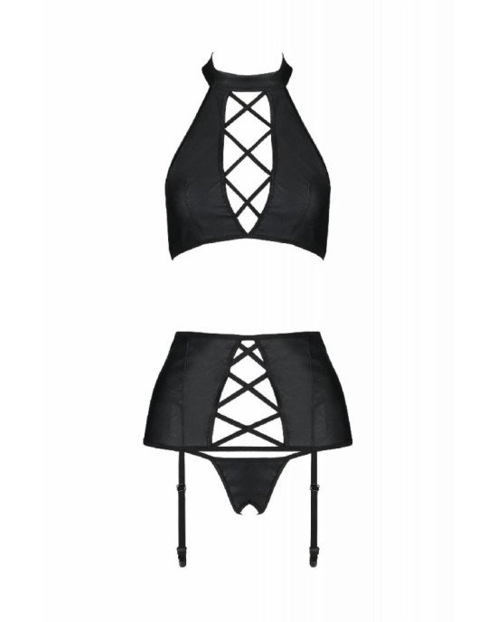 Комплект з екошкіри Passion Nancy Set 4XL/5XL black, імітація шнурівки, топ, пояс для панчіх Комплект з екошкіри Passion Nancy Set 4XL/5XL black, імітація шнурівки, топ, пояс для панчіх