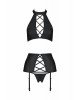 Комплект з екошкіри Passion Nancy Set 4XL/5XL black, імітація шнурівки, топ, пояс для панчіх Комплект з екошкіри Passion Nancy Set 4XL/5XL black, імітація шнурівки, топ, пояс для панчіх