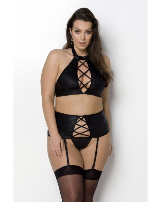 Комплект із екошкіри Passion Nancy Set 6XL/7XL black, імітація шнурівки, топ, пояс для панчіх Комплект із екошкіри Passion Nancy Set 6XL/7XL black, імітація шнурівки, топ, пояс для панчіх