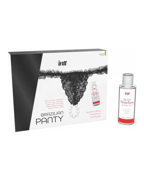 Набір Intt BRAZILIAN PANTY BLACK: трусики на зав’язках S-XL з перлинним кільцем + полунична змазка Набір Intt BRAZILIAN PANTY BLACK: трусики на зав’язках S-XL з перлинним кільцем + полунична змазка