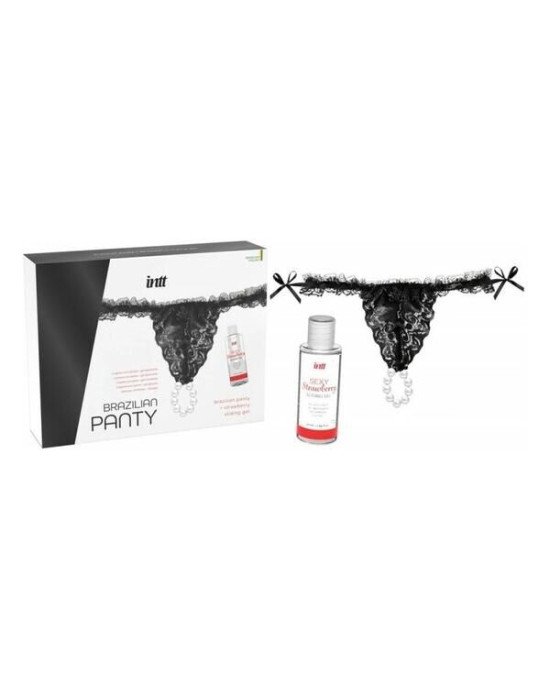 Набір Intt BRAZILIAN PANTY BLACK: трусики на зав’язках S-XL з перлинним кільцем + полунична змазка Набір Intt BRAZILIAN PANTY BLACK: трусики на зав’язках S-XL з перлинним кільцем + полунична змазка