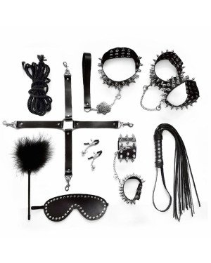 Набір Art of Sex - Spikes BDSM Set Leather, 10 предметів, натуральна шкіра, Чорний
