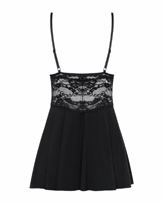 Сатиновий пеньюар із мереживом Obsessive 810-BAB-1 babydoll & thong S/M, чорний, пеньюар, танга Сатиновий пеньюар із мереживом Obsessive 810-BAB-1 babydoll & thong S/M, чорний, пеньюар, танга