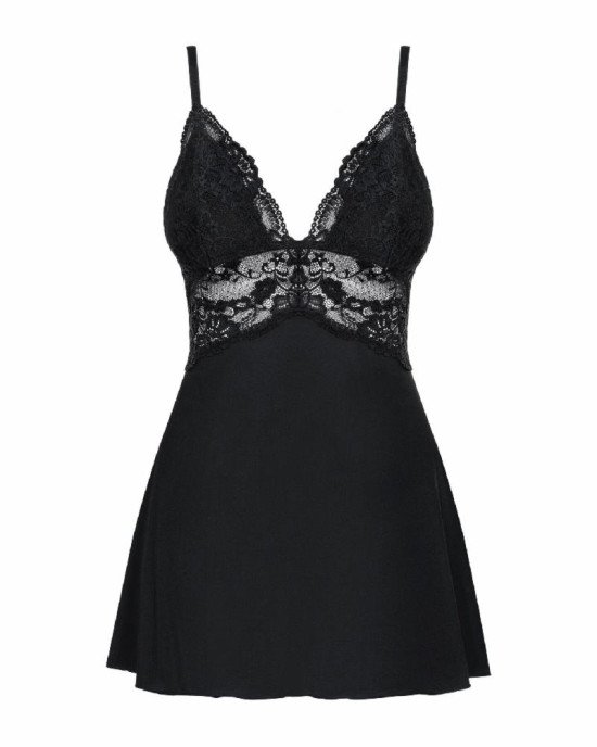 Сатиновий пеньюар із мереживом Obsessive 810-BAB-1 babydoll & thong S/M, чорний, пеньюар, танга Сатиновий пеньюар із мереживом Obsessive 810-BAB-1 babydoll & thong S/M, чорний, пеньюар, танга